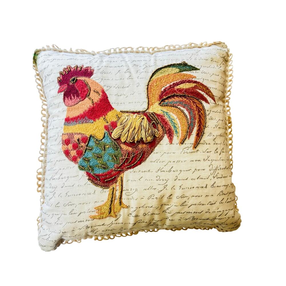Pier One Vintage Rooster Chicken 9.5” square 3D embroidered beaded accent pillow